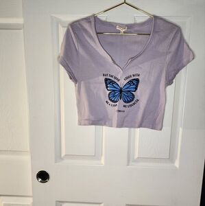 Purple Graphic Crop T-Shirt with Butterfly Design